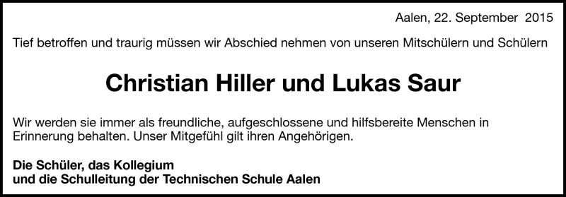  Traueranzeige für Lukas Saur vom 22.09.2015 aus Heidenheimer Zeitung