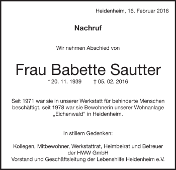 Traueranzeige von Babette Sautter von Heidenheimer Zeitung