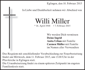 Traueranzeige von Willi Miller von Märkische Oderzeitung