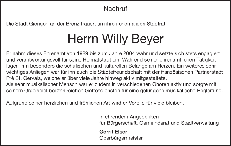  Traueranzeige für Willy Beyer vom 12.05.2015 aus Märkische Oderzeitung