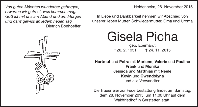 Traueranzeige für Gisela Picha vom 26.11.2015 aus Heidenheimer Zeitung