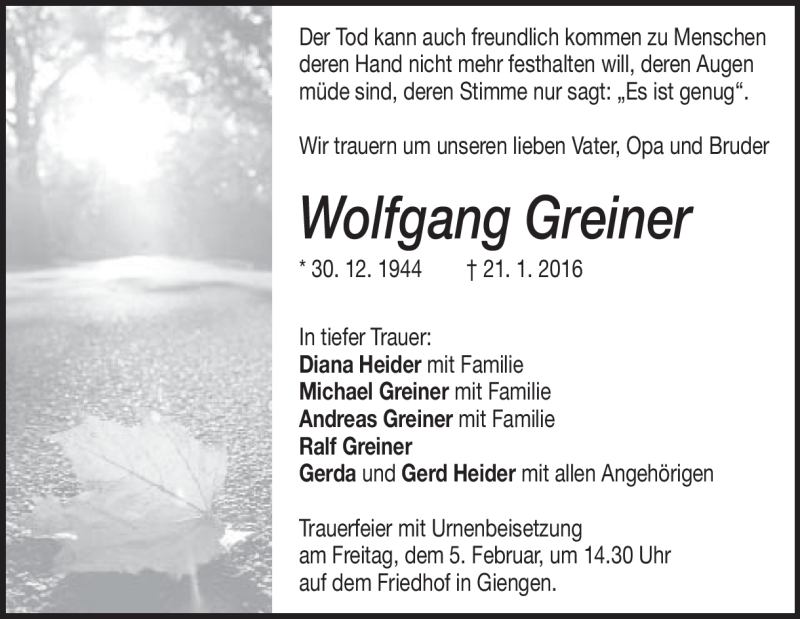  Traueranzeige für Wolfgang  Greiner vom 27.01.2016 aus Heidenheimer Zeitung