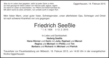 Traueranzeige von Friedrich Seeßle von Märkische Oderzeitung