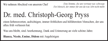 Traueranzeige von Christoph-Georg Pryss von Märkische Oderzeitung