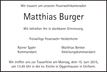 Traueranzeige von Matthias Burger von Heidenheimer Zeitung