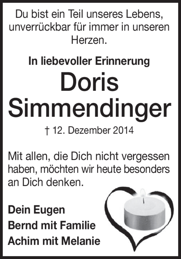  Traueranzeige für Doris Simmendinger vom 12.12.2015 aus Heidenheimer Zeitung