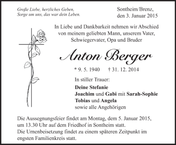 Traueranzeige von Anton Berger von Märkische Oderzeitung