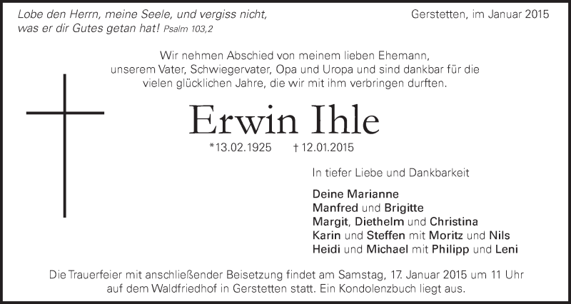  Traueranzeige für Erwin Ihle vom 12.05.2015 aus Märkische Oderzeitung