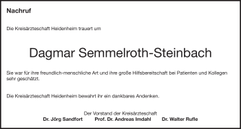 Traueranzeige von Dagmar Semmelroth-Steinbach von Heidenheimer Zeitung