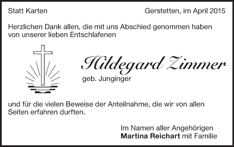  Traueranzeige für Hildegard Zimmer vom 12.05.2015 aus Märkische Oderzeitung