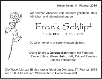 Traueranzeige von Frank Schlipf von Märkische Oderzeitung