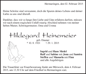 Traueranzeige von Hildegard Heinemeier von Märkische Oderzeitung