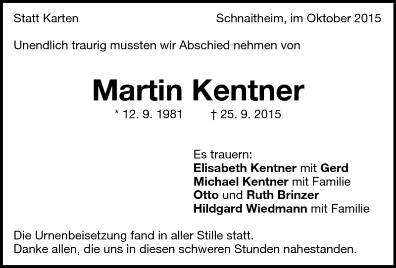  Traueranzeige für Martin Kentner vom 14.10.2015 aus Heidenheimer Zeitung