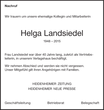 Traueranzeige von Helga Landsiedel von Märkische Oderzeitung