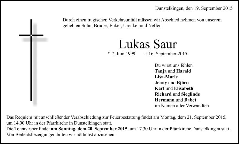  Traueranzeige für Lukas Saur vom 19.09.2015 aus Heidenheimer Zeitung