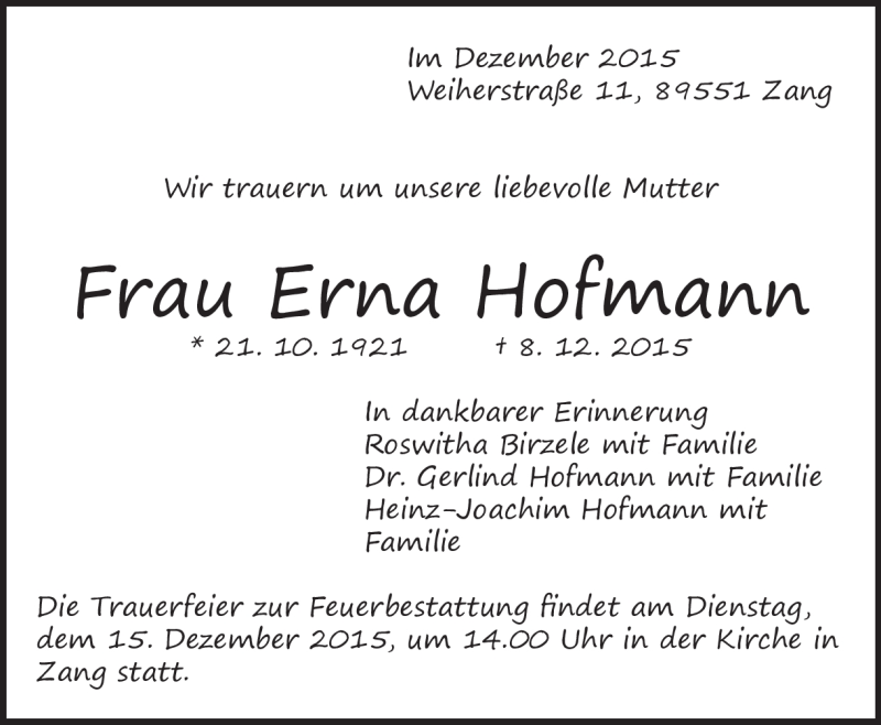  Traueranzeige für Erna Hofmann vom 12.12.2015 aus Heidenheimer Zeitung