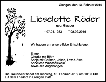Traueranzeige von Lieselotte Röder von Heidenheimer Zeitung