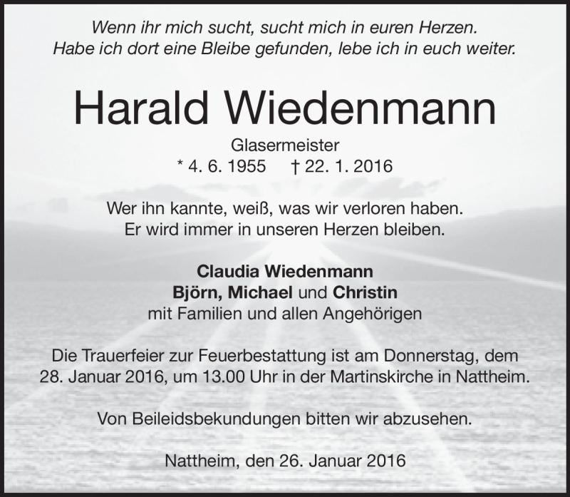  Traueranzeige für Harald  Wiedenmann vom 26.01.2016 aus Heidenheimer Zeitung