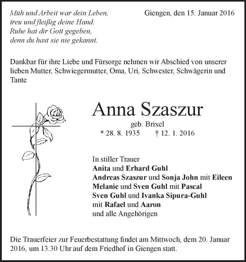  Traueranzeige für Anna Szaszur vom 15.01.2016 aus Heidenheimer Zeitung