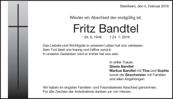 Traueranzeige von Fritz Bandtel von Heidenheimer Zeitung