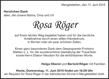 Traueranzeige von Rosa Röger von Heidenheimer Zeitung