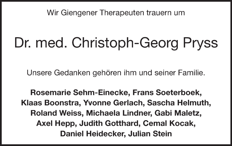  Traueranzeige für Christoph-Georg Pryss vom 12.05.2015 aus Märkische Oderzeitung