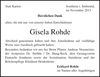 Traueranzeige von Gisela Rohde von Heidenheimer Zeitung