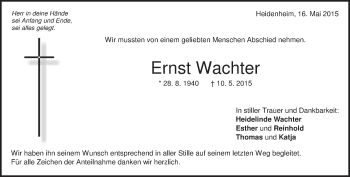 Traueranzeige von Ernst Wachter von Heidenheimer Zeitung
