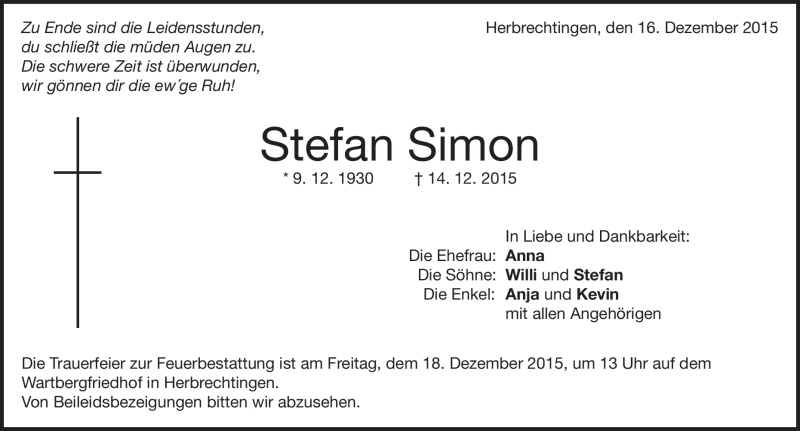  Traueranzeige für Stefan Simon vom 16.12.2015 aus Heidenheimer Zeitung