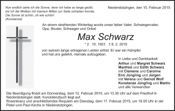 Traueranzeige von Max Schwarz von Märkische Oderzeitung