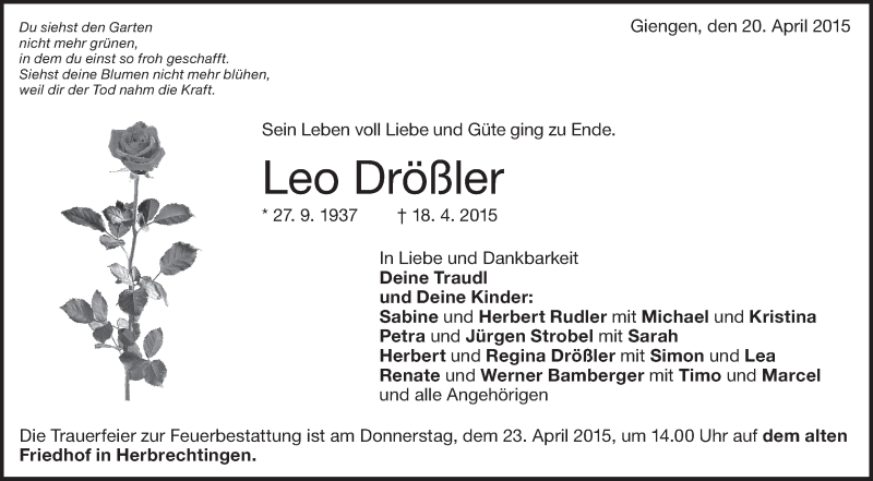  Traueranzeige für Leo Drößler vom 12.05.2015 aus Märkische Oderzeitung