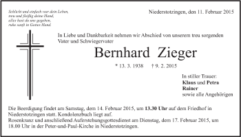 Traueranzeige von Bernhard Zieger von Märkische Oderzeitung