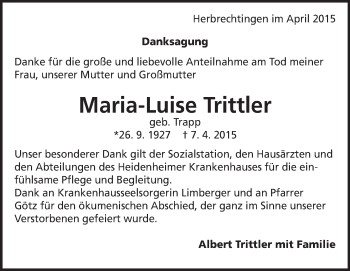 Traueranzeige von Maria-Luise Trittler von Märkische Oderzeitung