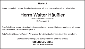 Traueranzeige von Walter Häußler von Heidenheimer Zeitung