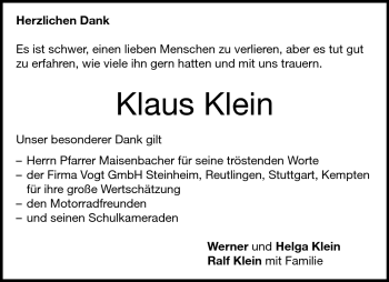 Traueranzeige von Klaus Klein von Heidenheimer Zeitung