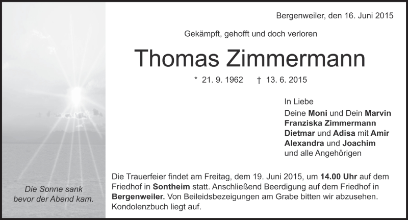  Traueranzeige für Thomas Zimmermann vom 16.06.2015 aus Heidenheimer Zeitung