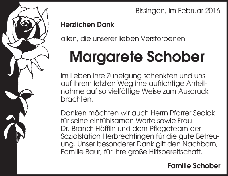  Traueranzeige für Margarete Schober vom 06.02.2016 aus Heidenheimer Zeitung