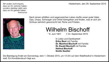 Traueranzeige von Wilhelm Bischoff von Heidenheimer Zeitung