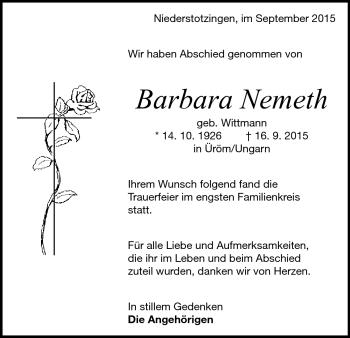 Traueranzeige von Barbara  Nemeth von Heidenheimer Zeitung