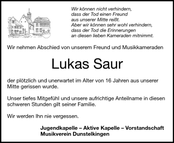 Traueranzeige von Lukas Saur von Heidenheimer Zeitung