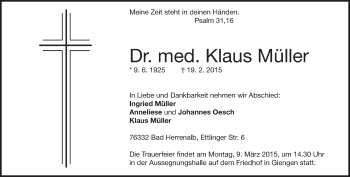 Traueranzeige von Klaus Müller von Märkische Oderzeitung