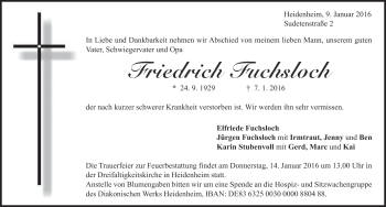 Traueranzeige von Friedrich Fuchsloch von Heidenheimer Zeitung