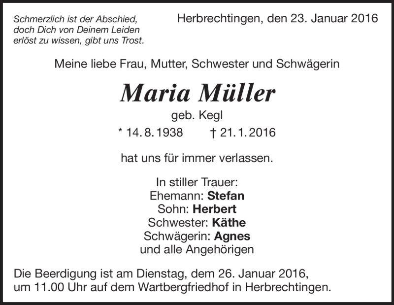  Traueranzeige für Maria Müller vom 23.01.2016 aus Heidenheimer Zeitung