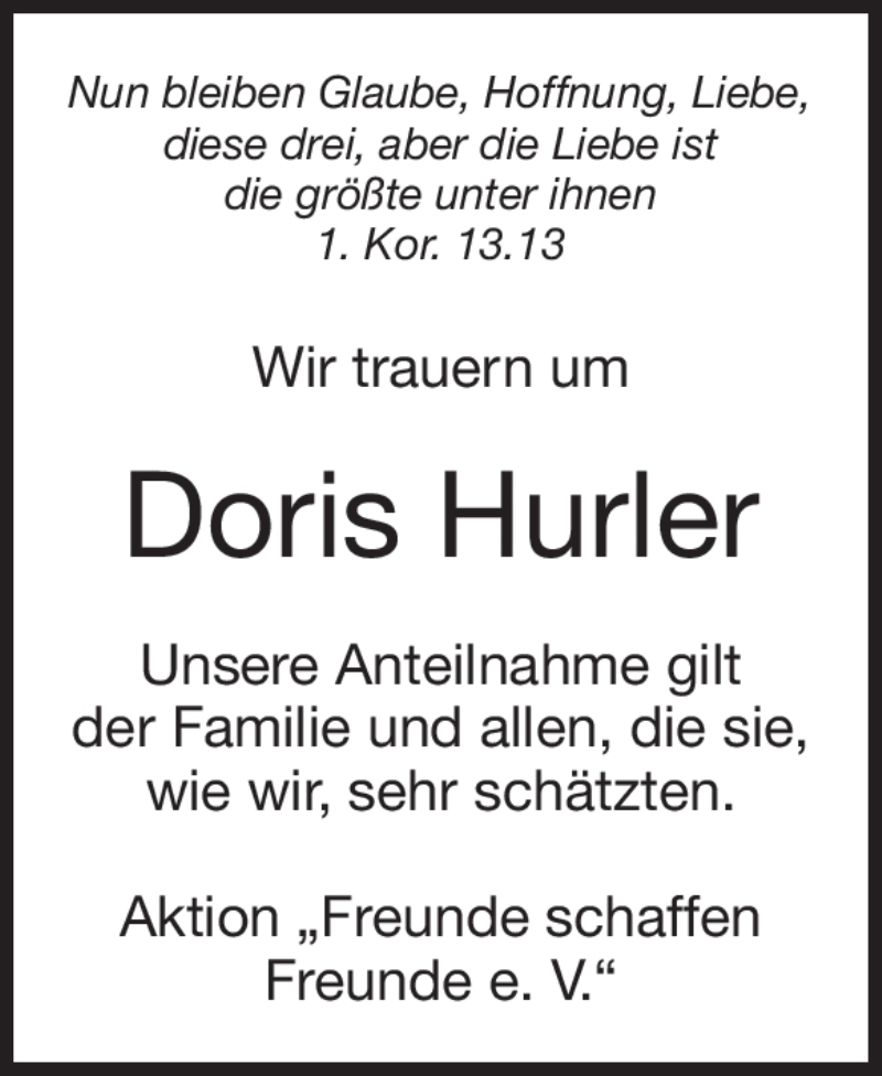  Traueranzeige für Doris Hurler vom 06.02.2016 aus Heidenheimer Zeitung