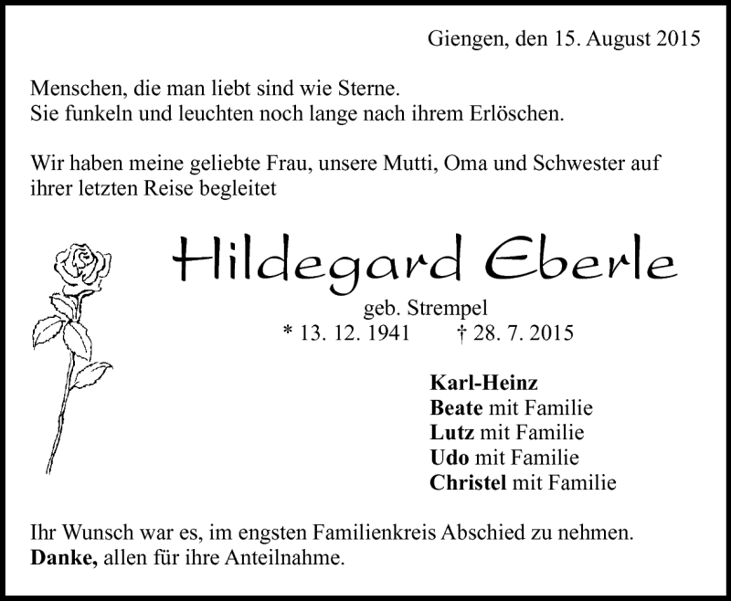  Traueranzeige für Hildegard Eberle vom 15.08.2015 aus Heidenheimer Zeitung