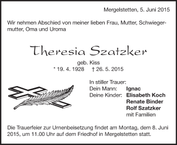 Traueranzeige von Theresia Szatzker von Heidenheimer Zeitung