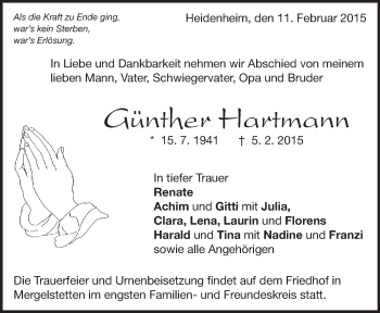 Traueranzeige von Günther Hartmann von Märkische Oderzeitung