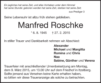 Traueranzeige von Manfred Roschke von Märkische Oderzeitung