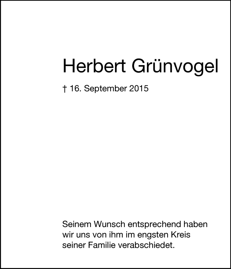  Traueranzeige für Herbert Grünvogel  vom 02.10.2015 aus Heidenheimer Zeitung