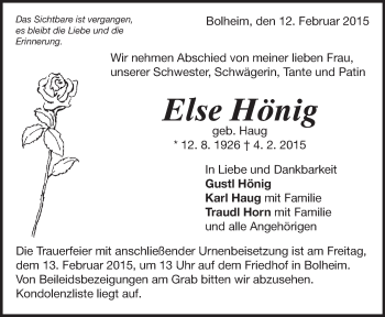 Traueranzeige von Else Hönig von Märkische Oderzeitung